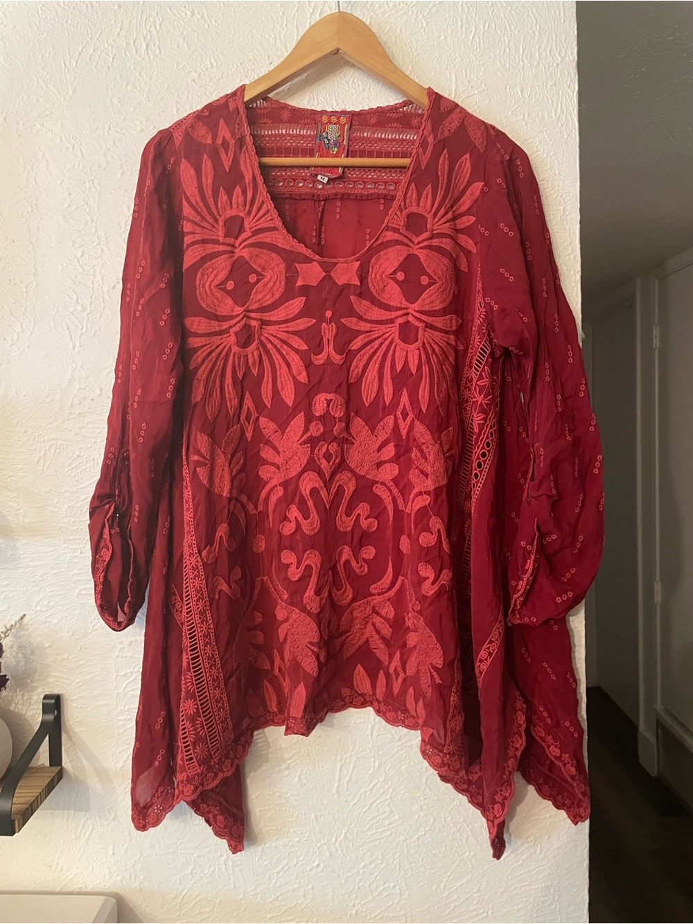 Johnny Was Red Embroidered Tunic Bohemian Medium